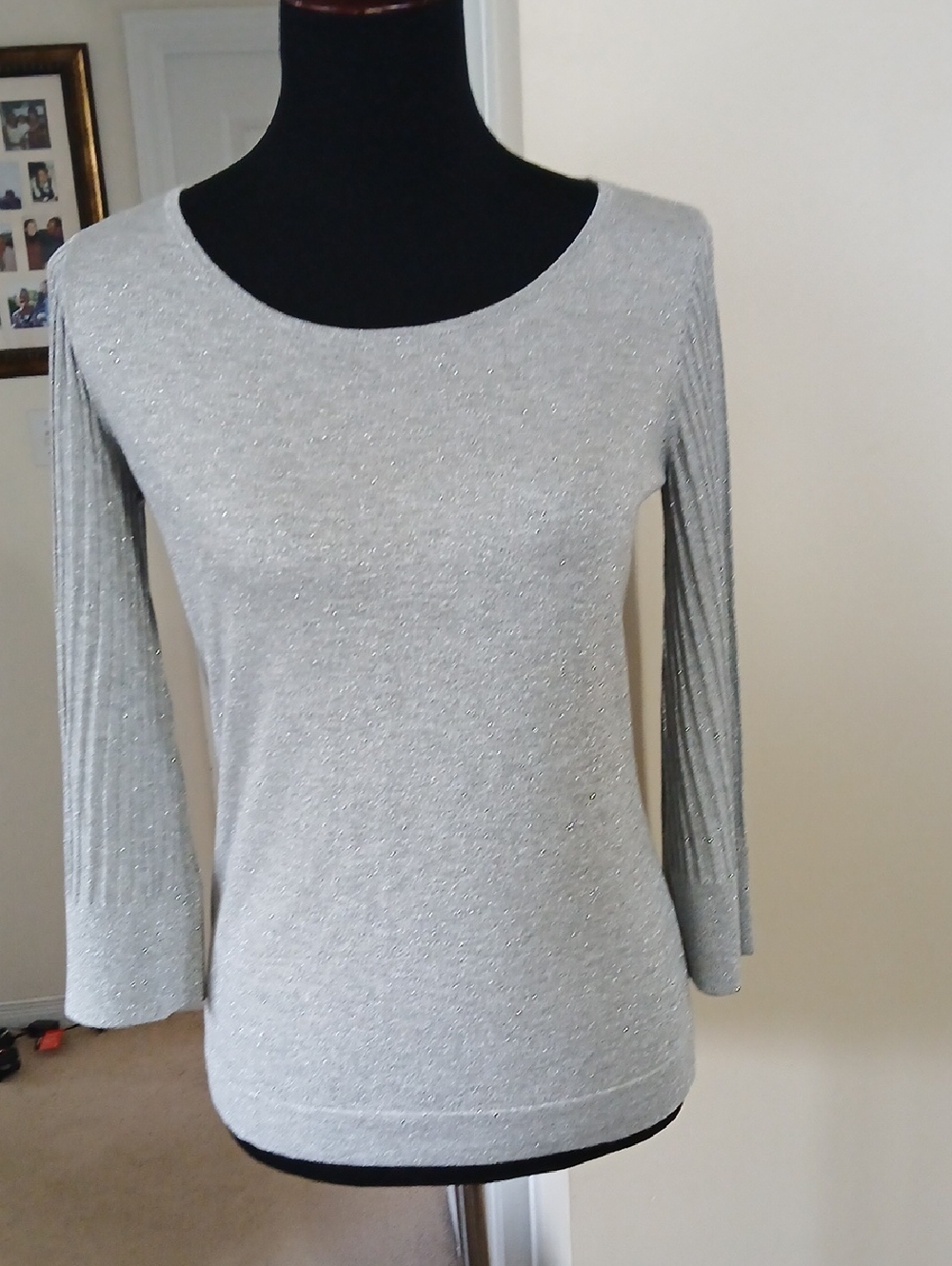 Talbots Silver Sparkle Long Sleeve Scoop Neck Top